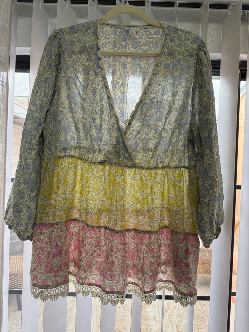 Cato Multicolor Tiered Paisley Long Sleeve Dress - Blue, Yellow & Pink